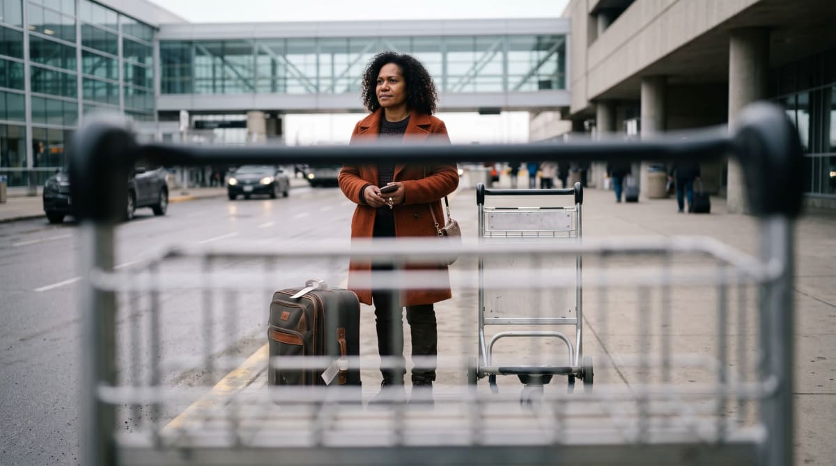 Traveler waiting with a suitcase at an airport curb beside an empty trolley