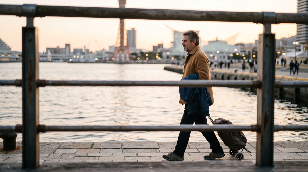 Traveler walking a waterfront quay at golden hour, seen through a fence