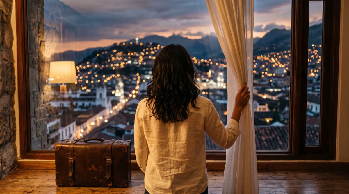 Traveler holding a curtain aside at a hotel window at dusk