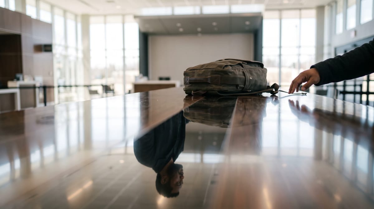 Traveler at an empty rental-car counter seen as a reflection in the counter