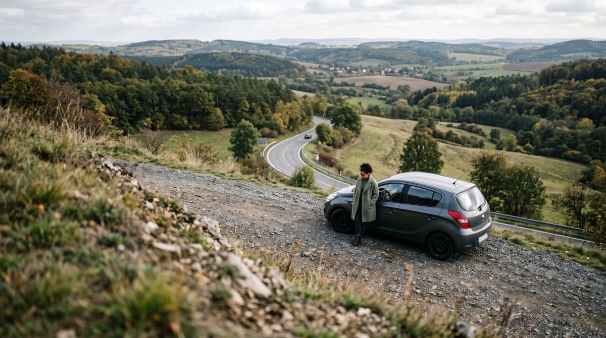 Traveler beside a parked car at a gravel overlook, seen from the slope above