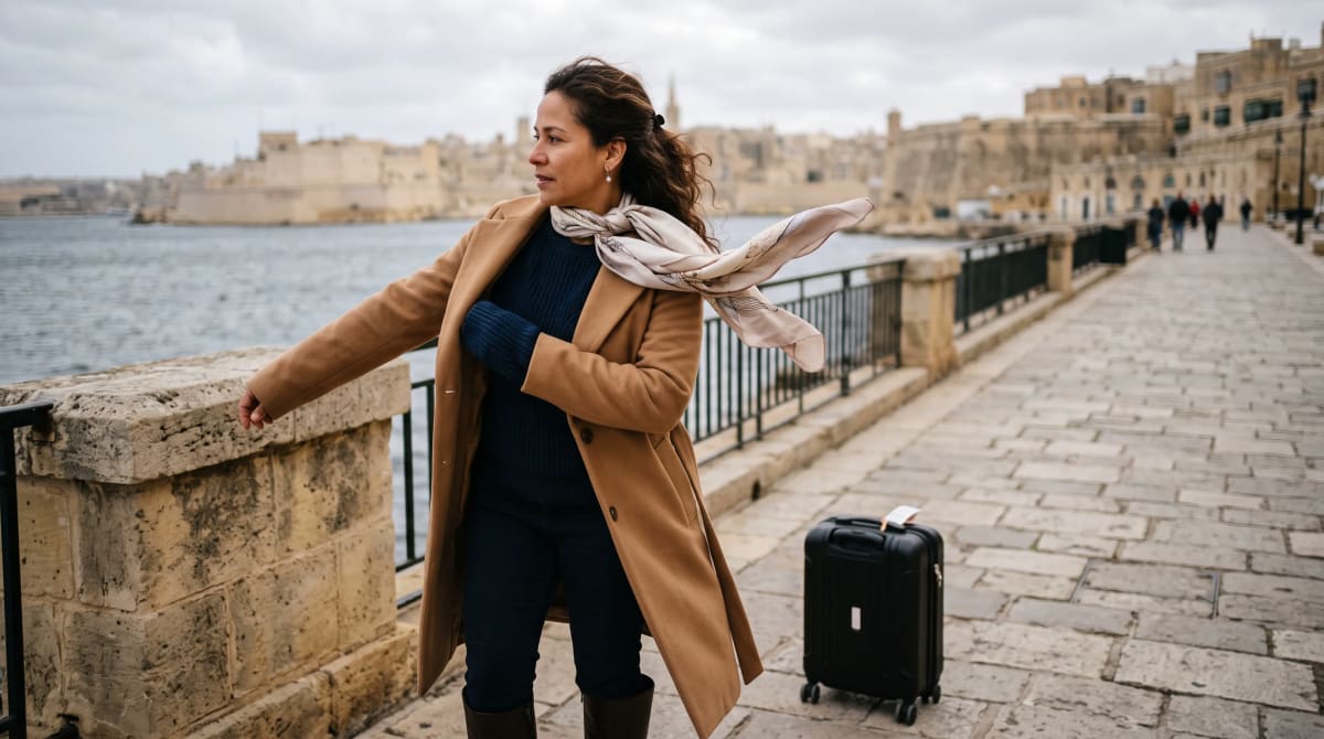 Traveler putting on a coat beside a roller bag on a Valletta waterfront promenade