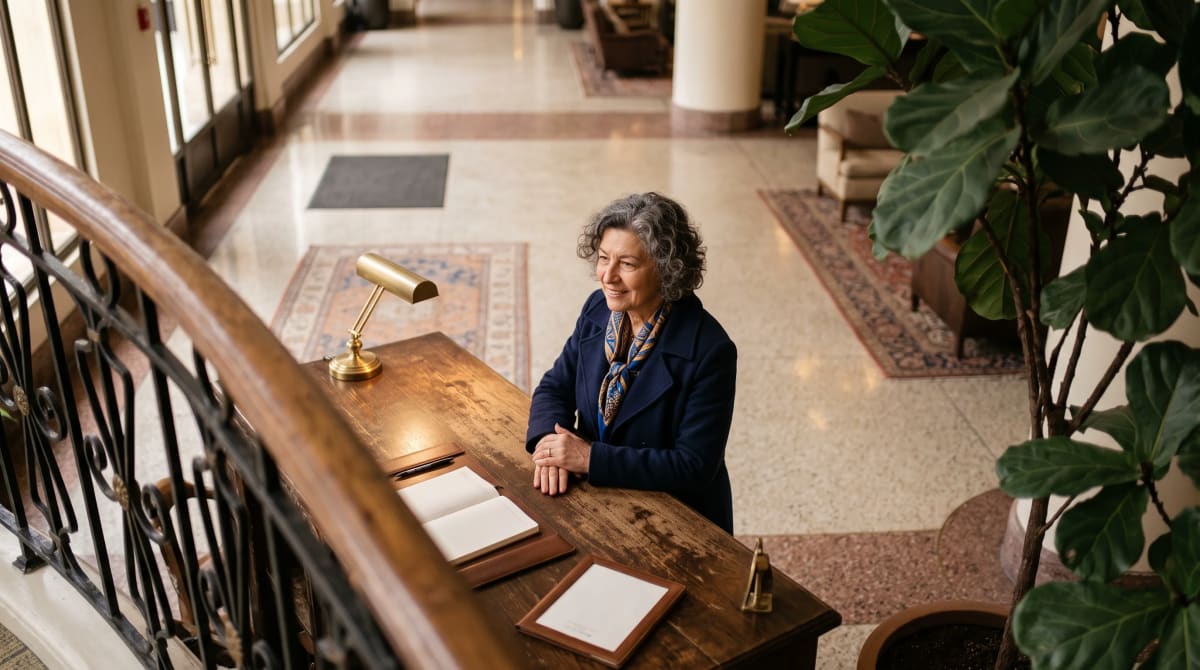 Traveler at a hotel concierge desk seen from a mezzanine above in Bogotá