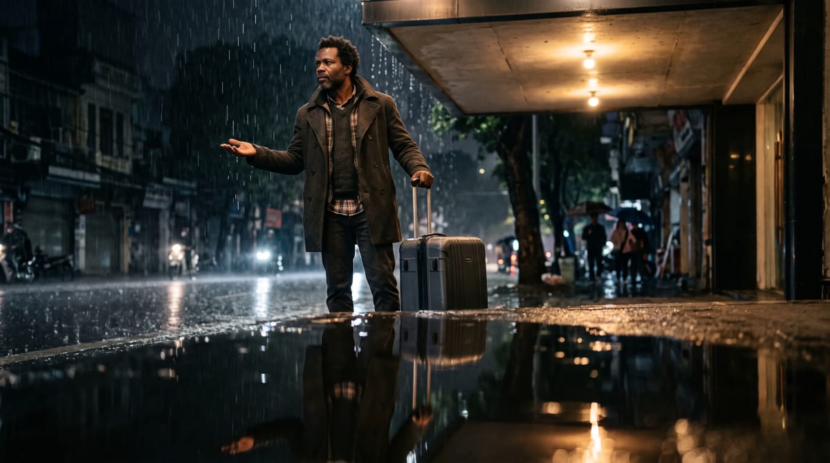 Traveler standing in the rain at a hotel entrance canopy with a suitcase, reflection in a puddle in Hanoi