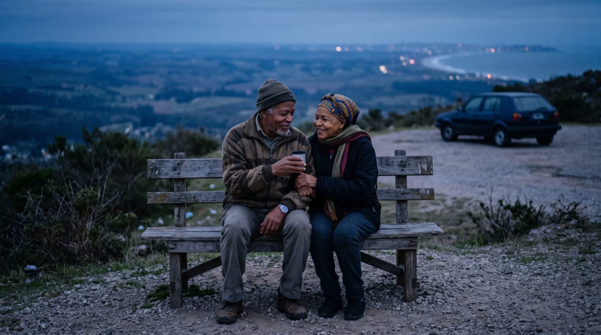 Couple sharing a thermos on a bench at a countryside overlook near Montevideo