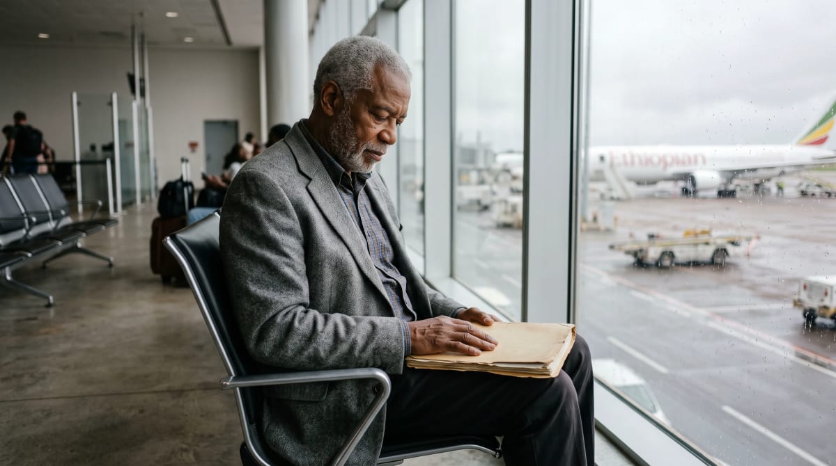 Man in a gray jacket seated in an airport gate row beside a tall window with a closed folder on his knee