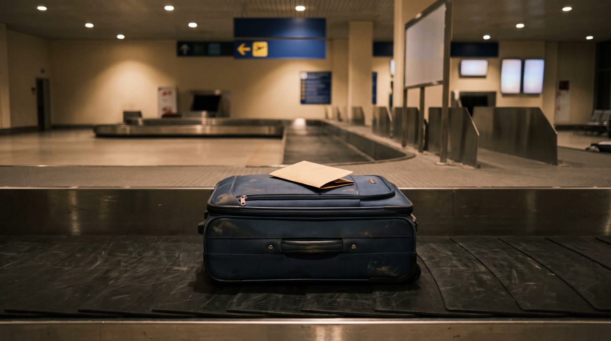 Closed suitcase on a stopped baggage belt with a folded key folder on its lid in an empty airport hall
