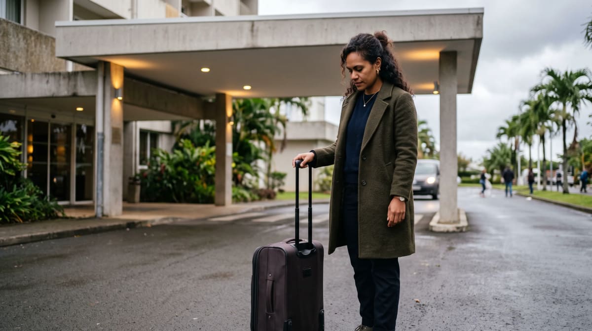 Traveler pausing under a plain hotel porte-cochère beside a closed suitcase, canopy lights along the drive