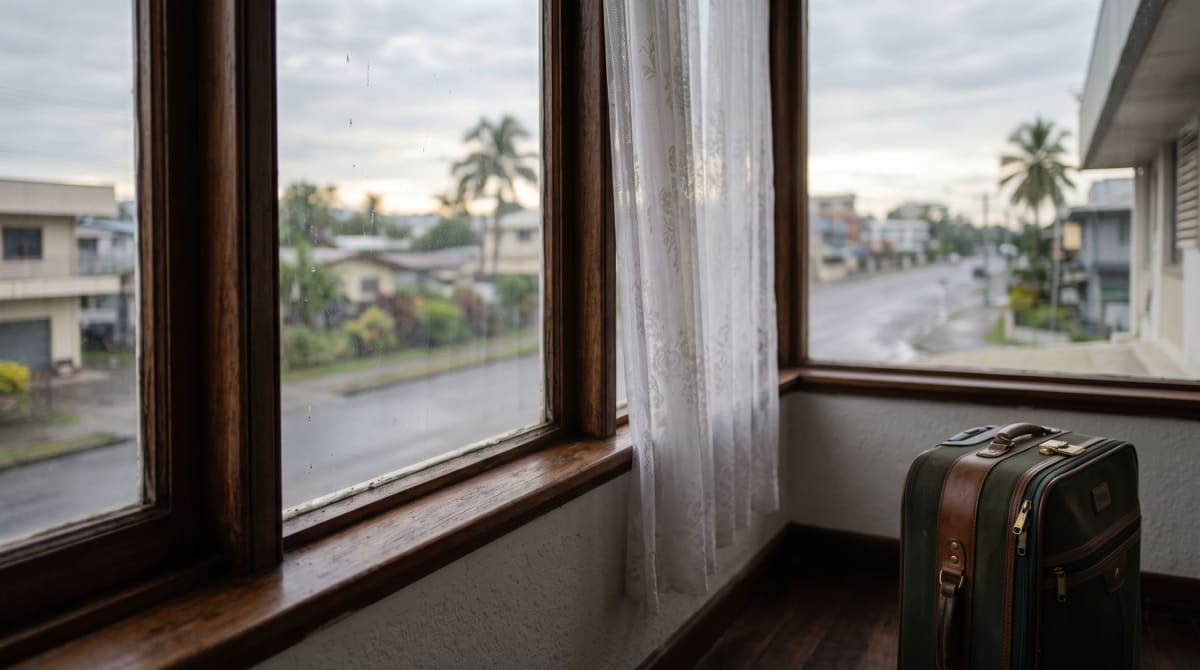 Hotel-room window with the sheer curtain pulled aside onto an empty street at first light, suitcase nearby