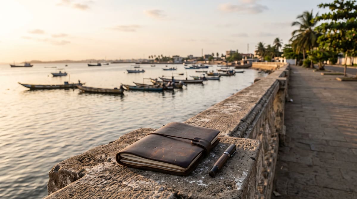 Closed notebook and pen resting on a stone balustrade on a quiet waterfront promenade in late-afternoon light