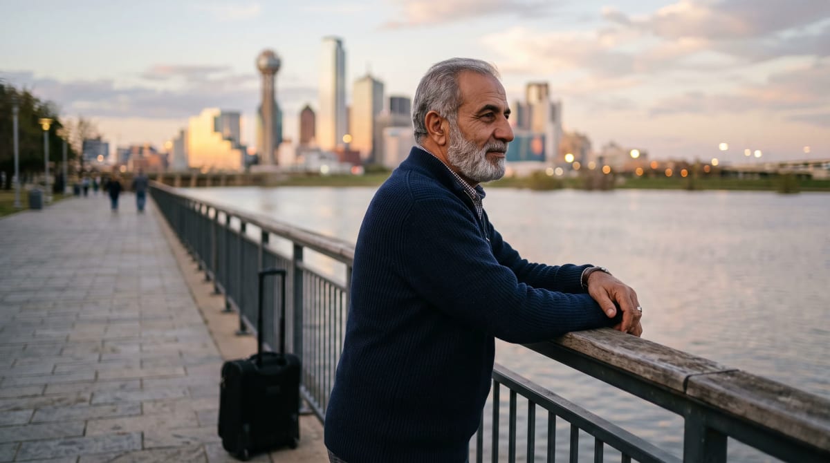 Traveler resting both arms on a waterfront railing in the evening