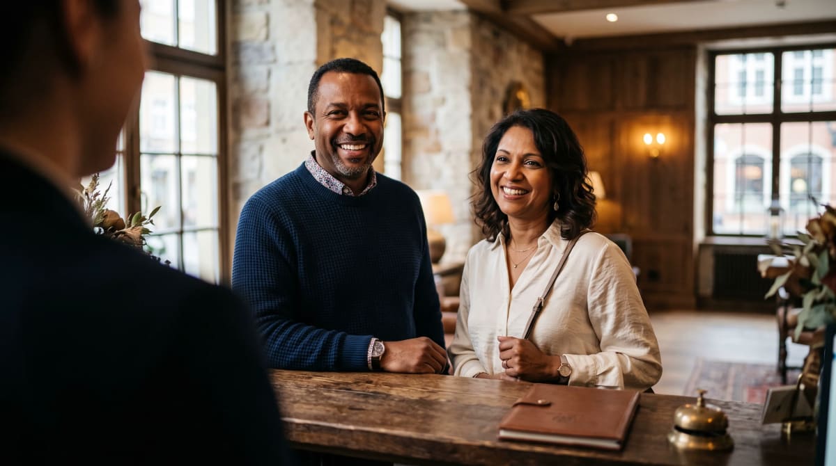 Couple at a hotel desk, seen over a blurred shoulder
