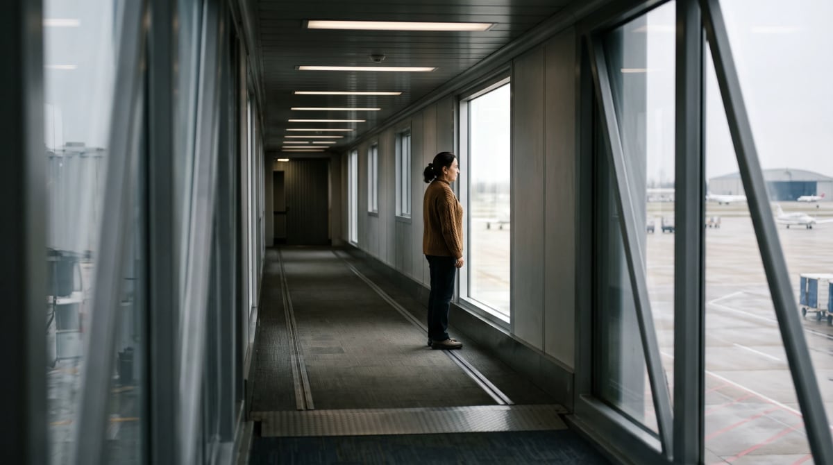 Traveler standing at a jet-bridge window, seen down the bridge