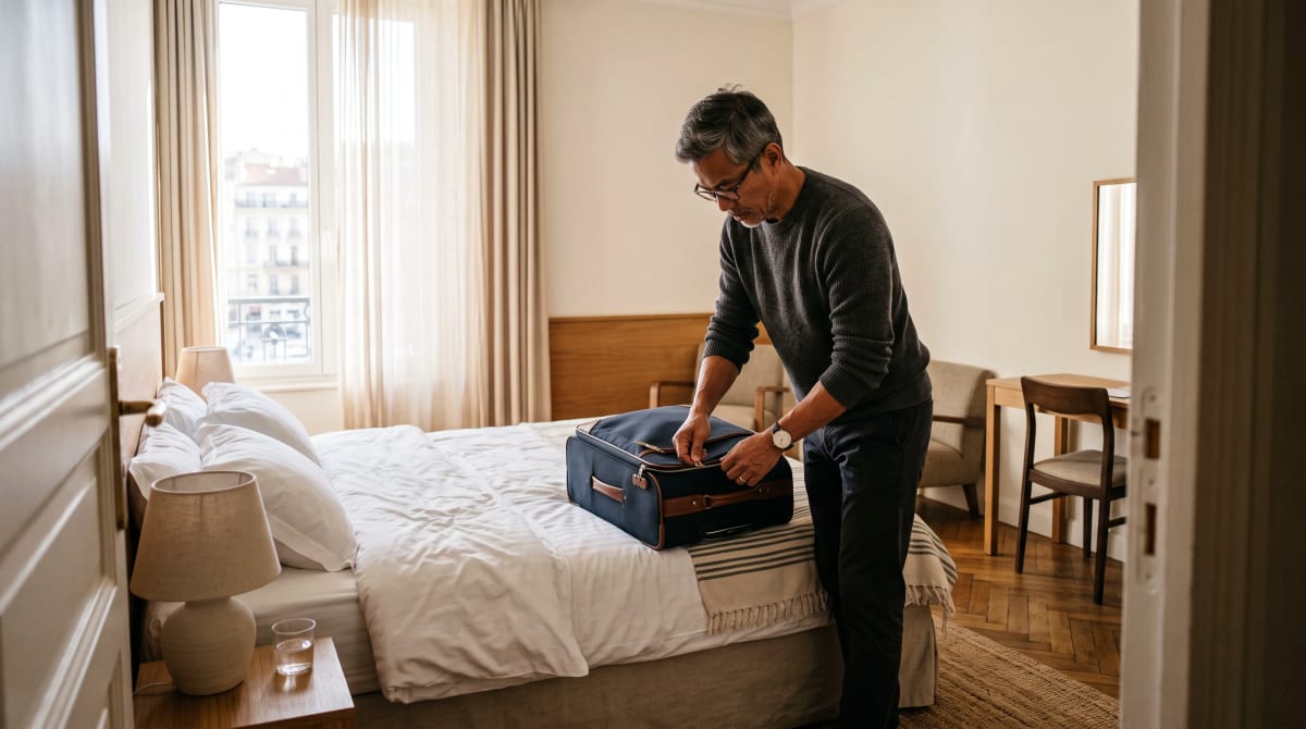 Traveler zipping a suitcase on a hotel bed, seen from the doorway