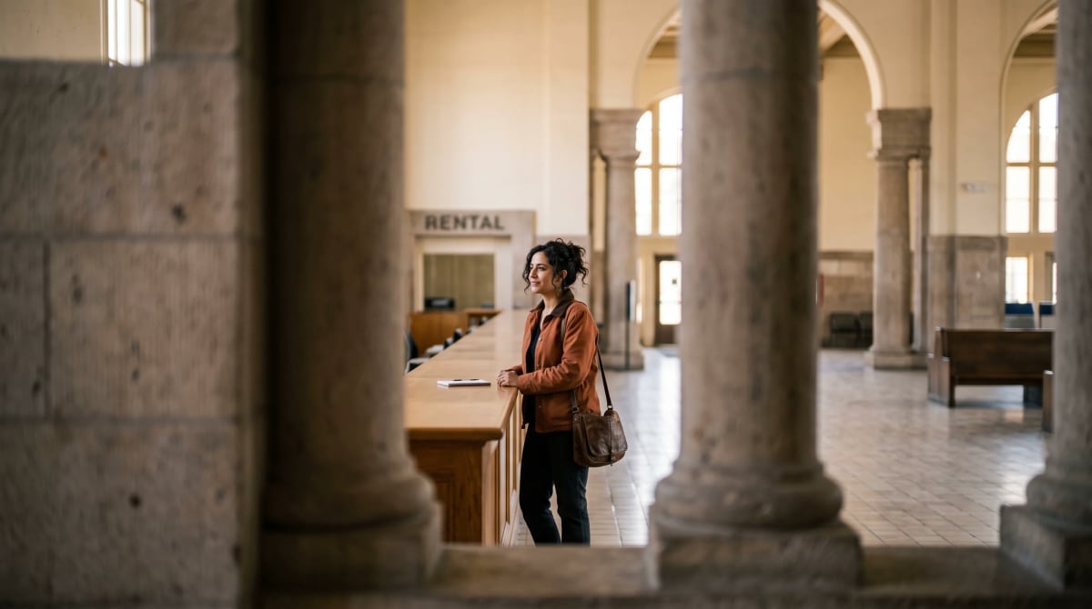 Traveler at an empty rental counter, framed by pillars