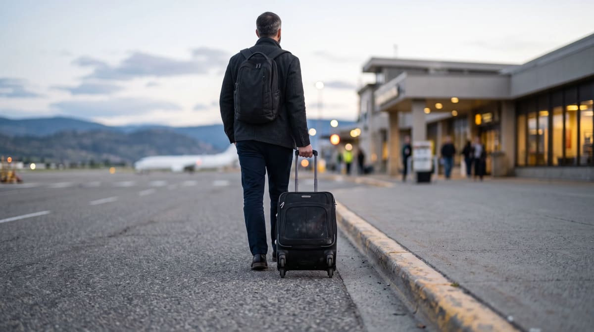Traveler wheeling a roller bag away along an airport curb lane in Kelowna at evening, seen from behind at wheel height