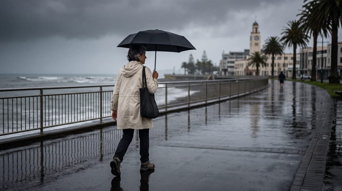 Traveler walking a wet waterfront promenade in Napier under a plain umbrella in light early-morning rain