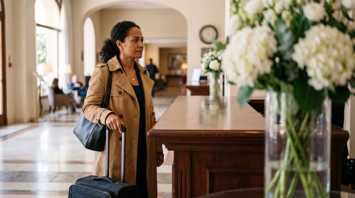 Traveler in a camel trench pausing at an empty hotel concierge desk in Mendoza with one hand on a suitcase