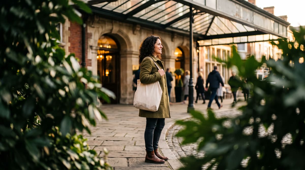 Traveler waiting at the edge of a hotel canopy in Bristol with a canvas tote, framed by blurred leaves in warm late-day light