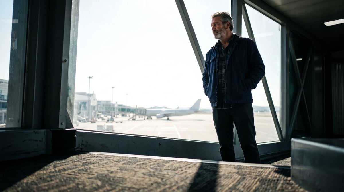 Traveler standing at a jet bridge side window in Daegu with the hands in the pockets, bright midday light behind the window