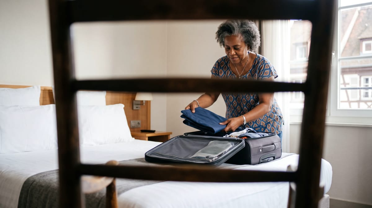 Traveler folding trousers into an open suitcase on a hotel bed in Strasbourg, seen through the rungs of a wooden chair