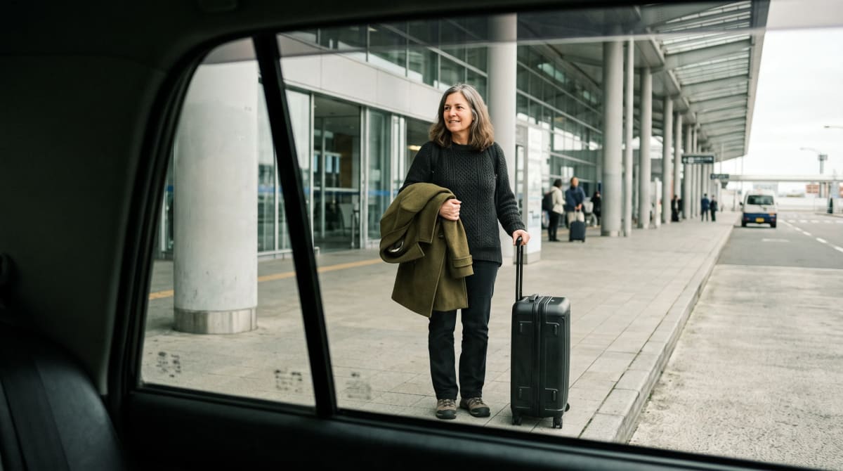 Traveler waiting at an uncrowded airport curb with a suitcase
