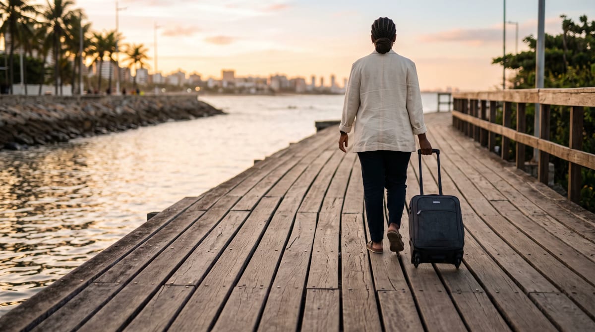 Traveler walking a wooden waterfront boardwalk with a roller bag