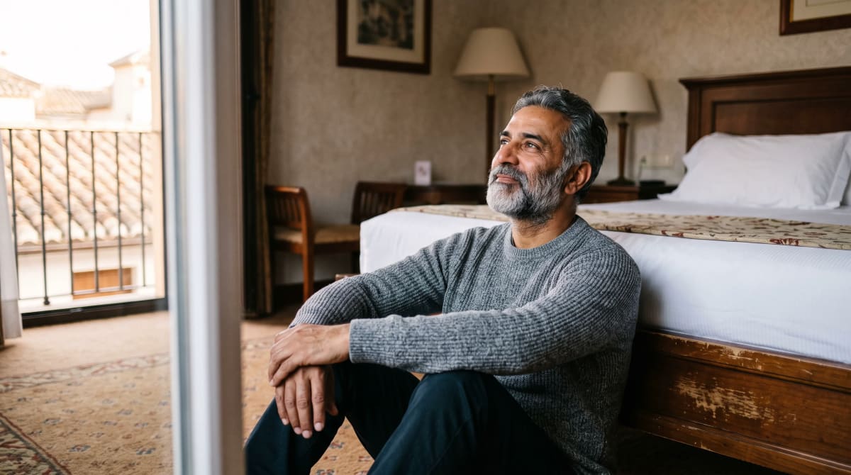 Traveler seated on a hotel room floor looking toward morning window light