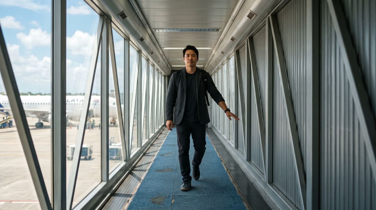Traveler walking toward the camera along an empty jet bridge