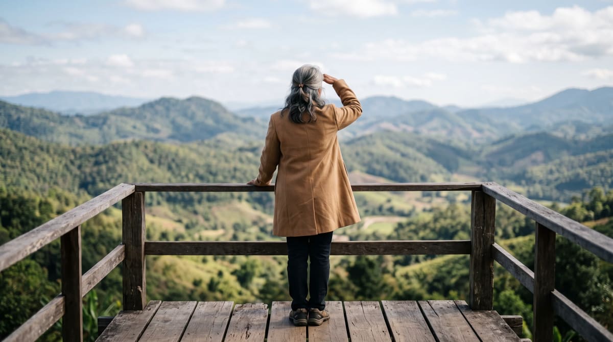 Traveler standing on a wooden overlook platform shading the eyes