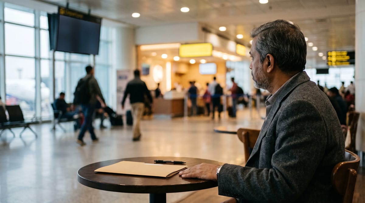 Person at a cafe table with a closed folder and a pen, with boarding-gate light in the background