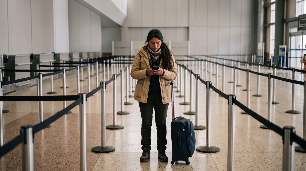 Traveler pausing in a check-in queue while looking at a blank phone screen