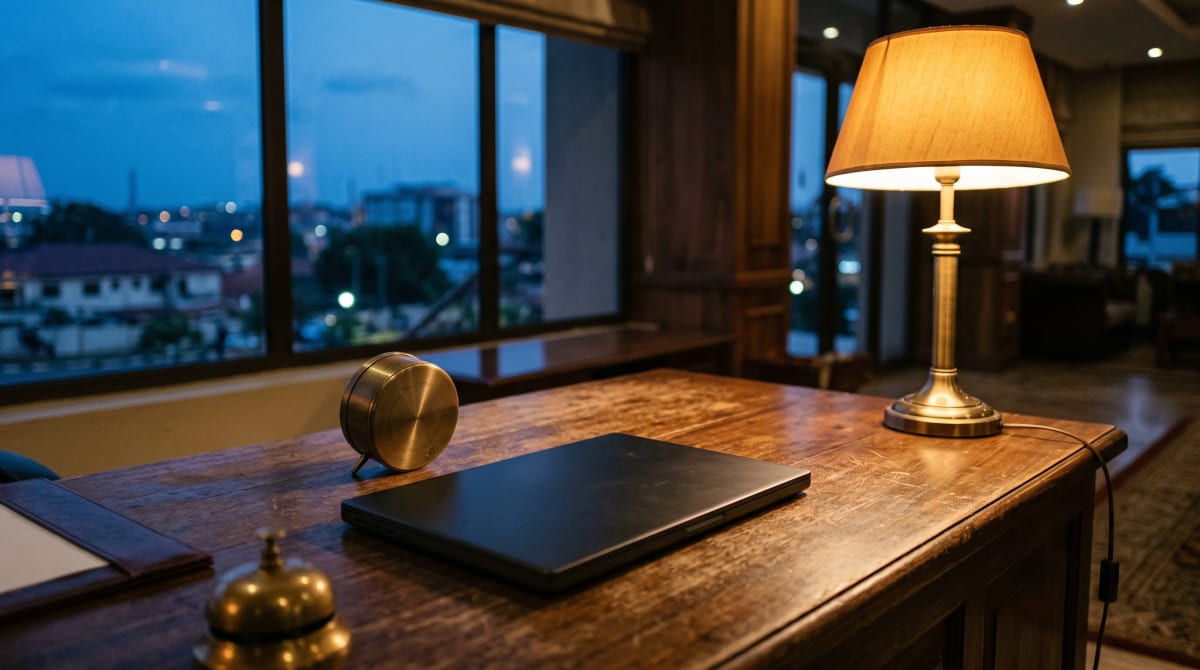Closed laptop and a desk lamp on a desk at the end of the day