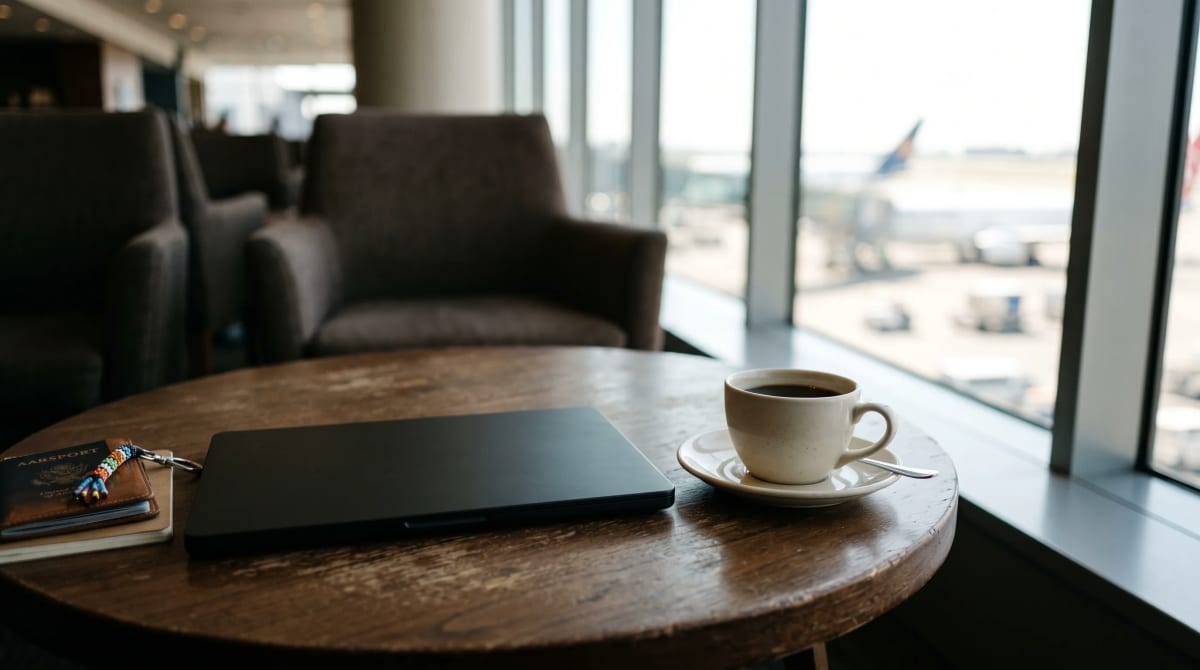 Empty airport lounge table with a closed laptop and an untouched coffee cup on a quiet morning