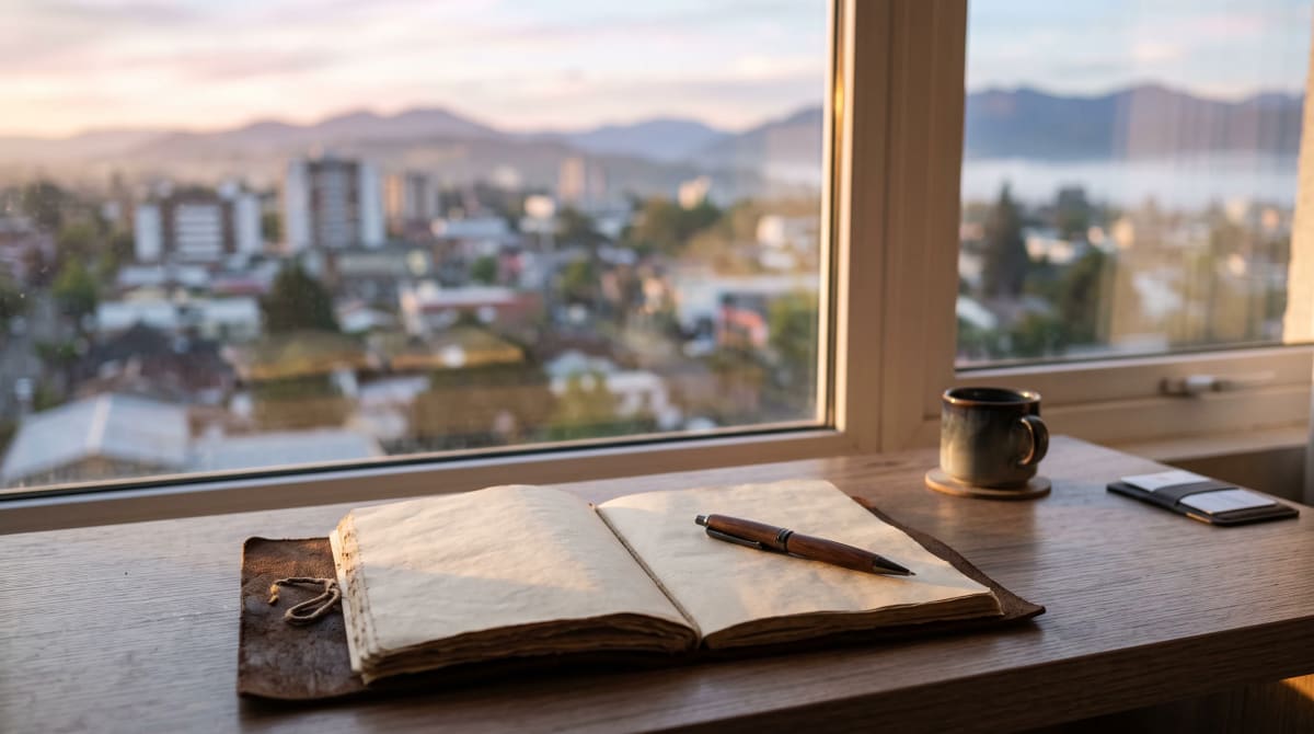 Open notebook with a blank page and a pen in morning light on a desk