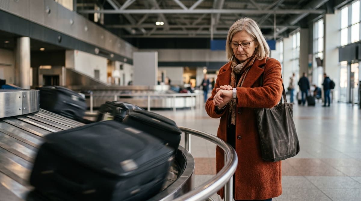 Traveler beside a baggage belt checking a watch in a quiet claim hall
