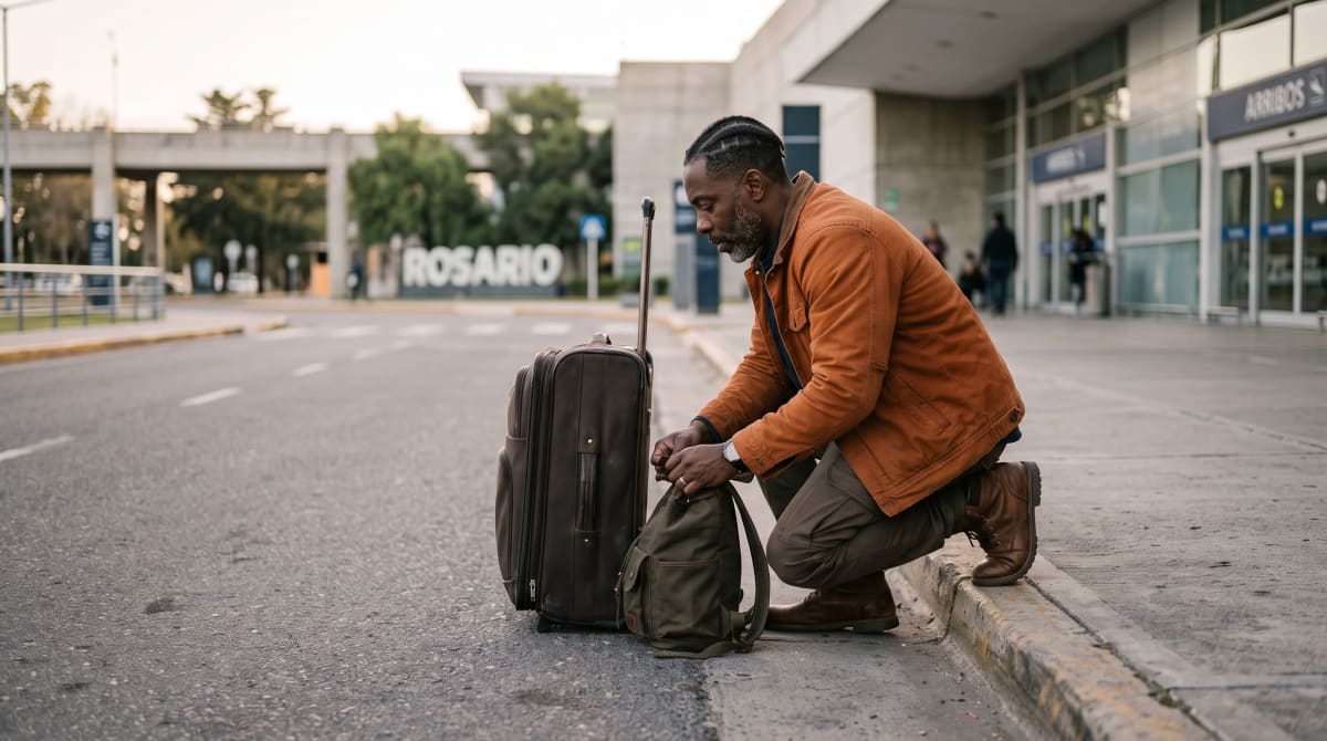 Traveler crouched at an empty airport curb retying a backpack beside a suitcase