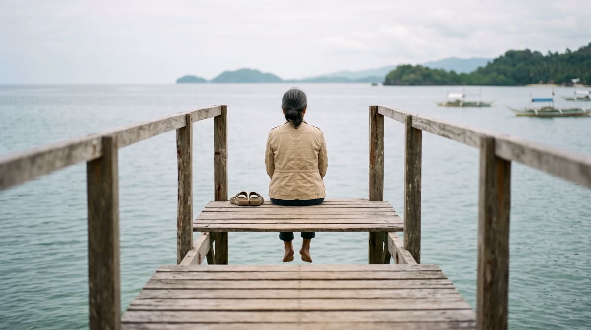 Traveler sitting at the end of a wooden jetty with feet above the water