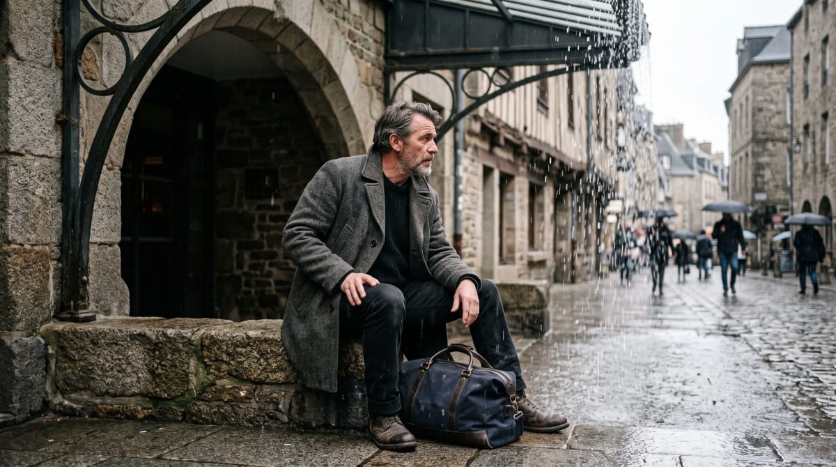 Traveler seated under a hotel canopy watching rain beyond the edge