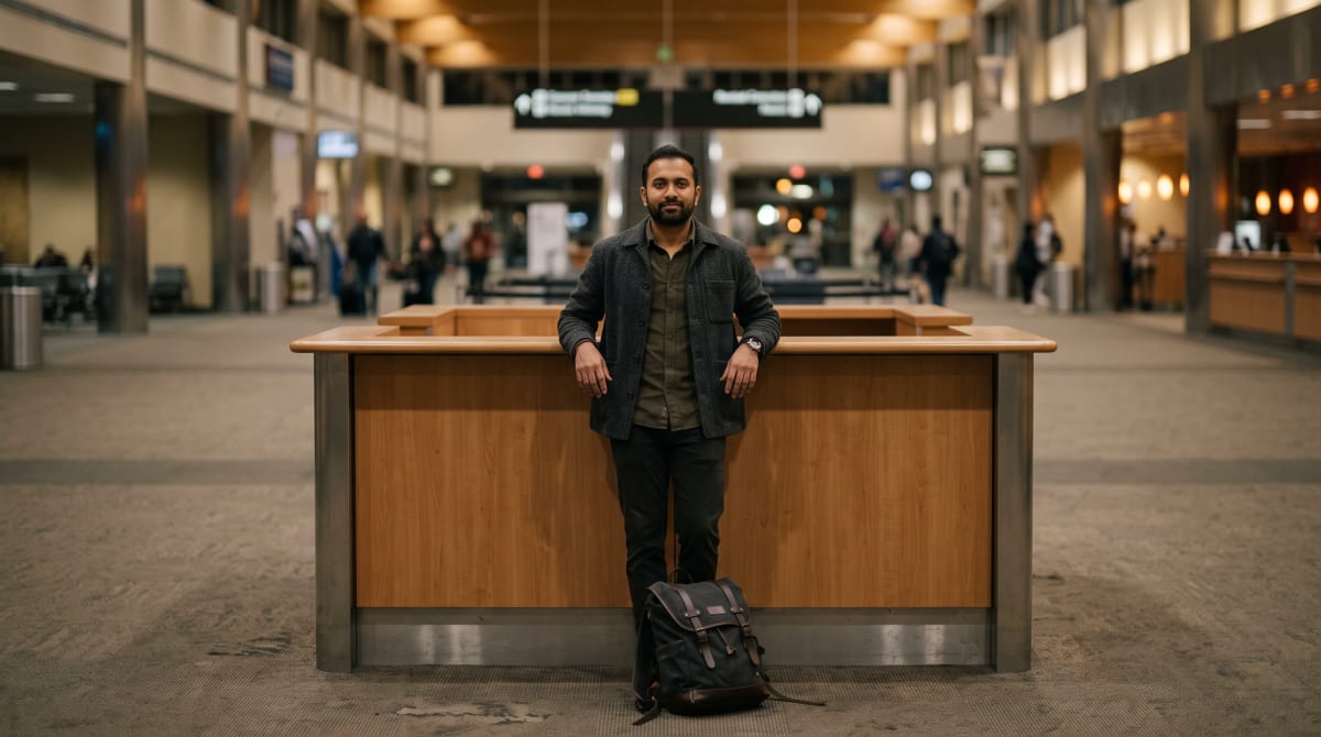 Traveler leaning against an empty rental counter in a quiet hall