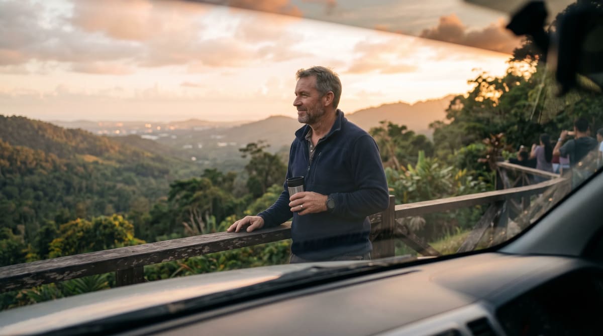 Traveler at a wooden overlook rail seen through a parked car windshield