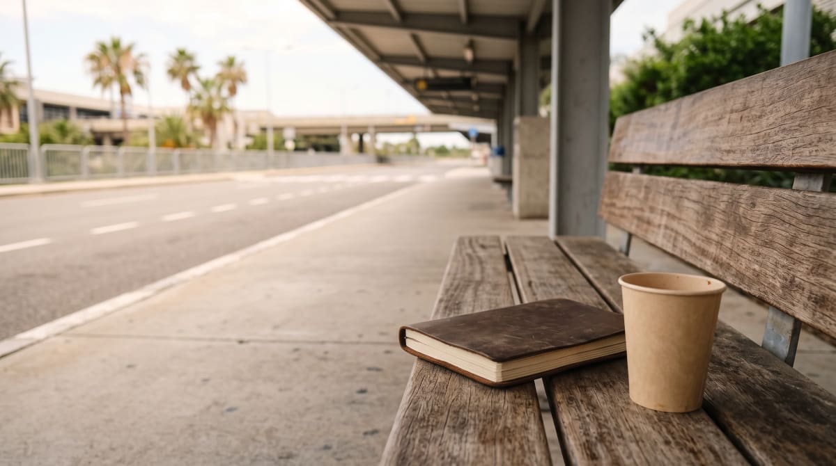 Closed notebook and paper cup on a wooden bench in a quiet airport curb seating pocket in late morning