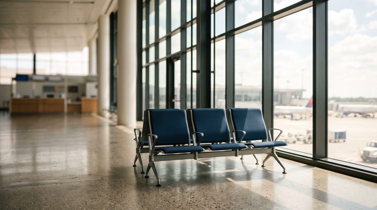 Short row of empty chairs facing a bright glass wall in an airport rental car counter hall at noon