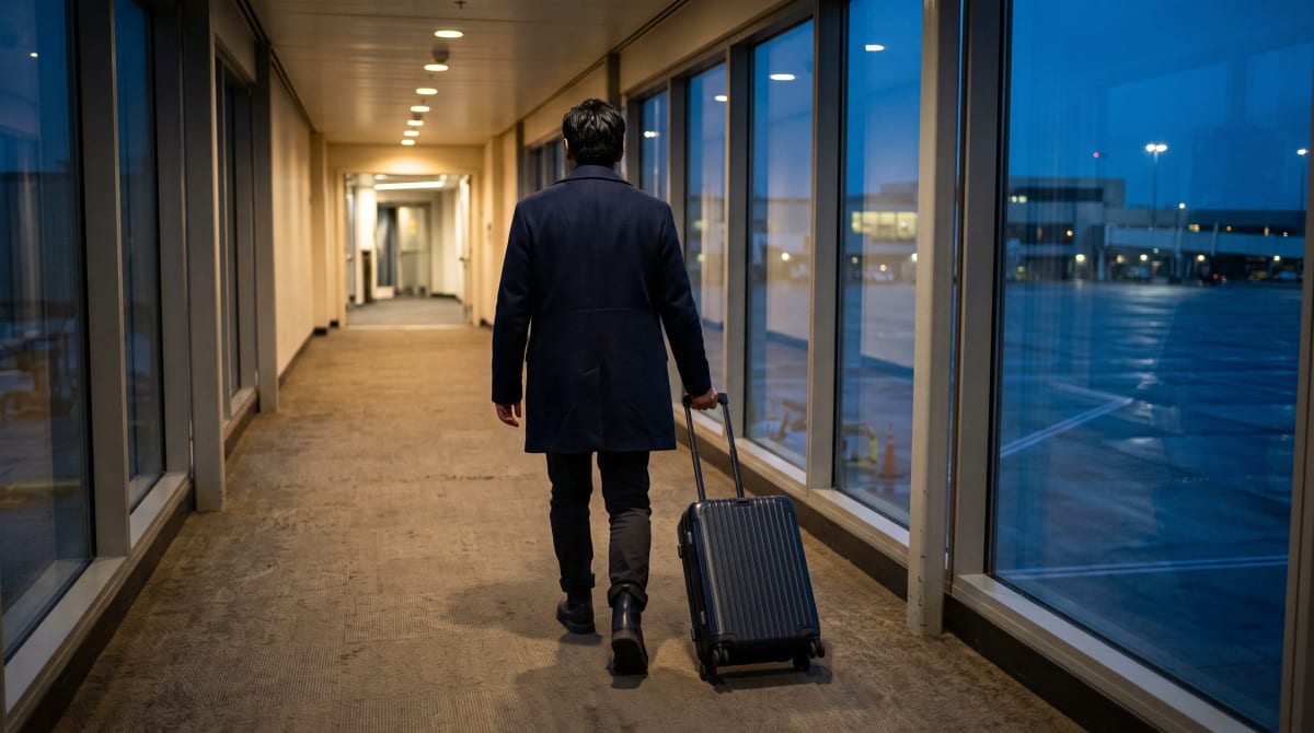 Traveler seen from behind walking along a quiet jet bridge with one closed suitcase at blue dusk