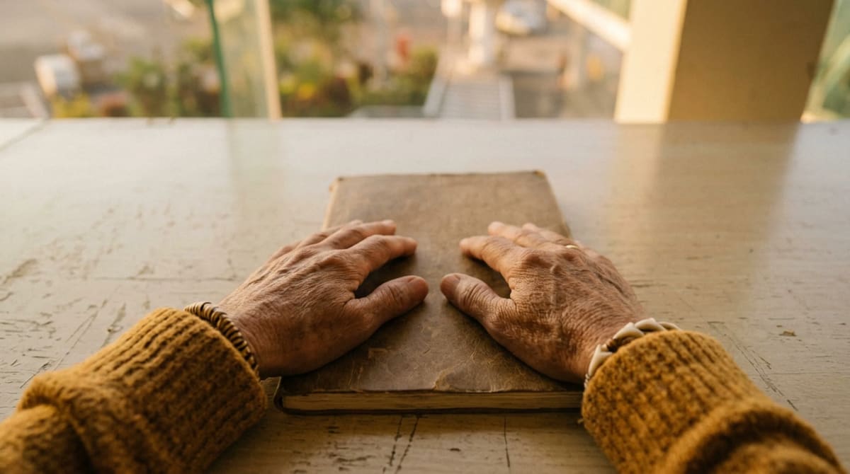 Two hands in ochre cardigan cuffs resting on a closed notebook on an empty airport rental car counter