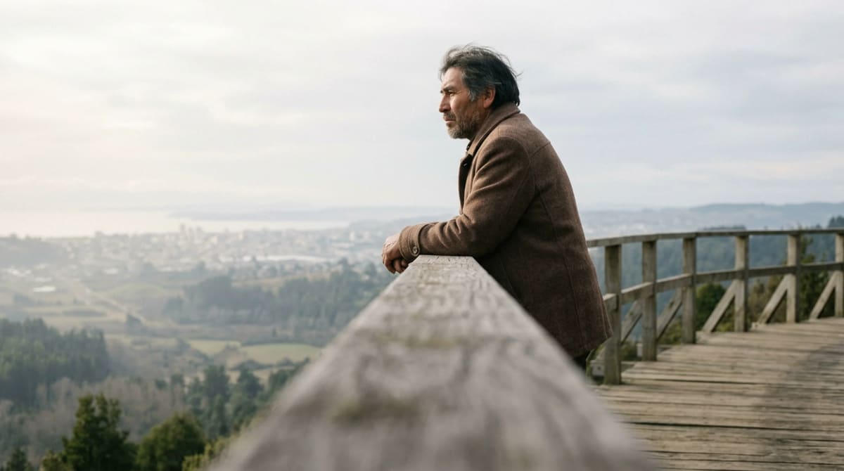 Man in a cocoa-brown wool coat at a wooden roadside overlook rail, looking across a hazy valley toward a far city