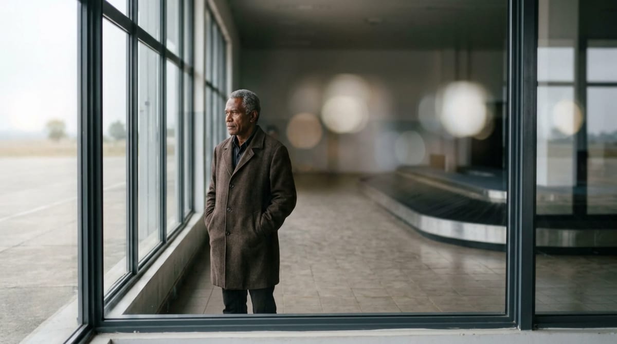 Man in a dark brown overcoat at the tall window wall of a quiet airport baggage claim hall, empty belt soft behind him