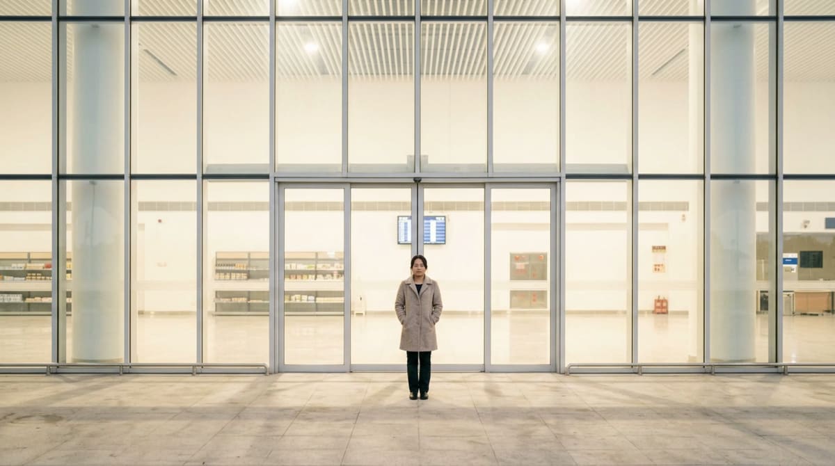 Woman in an oatmeal wool coat pausing on an uncrowded airport curb in front of tall closed glass entrance doors