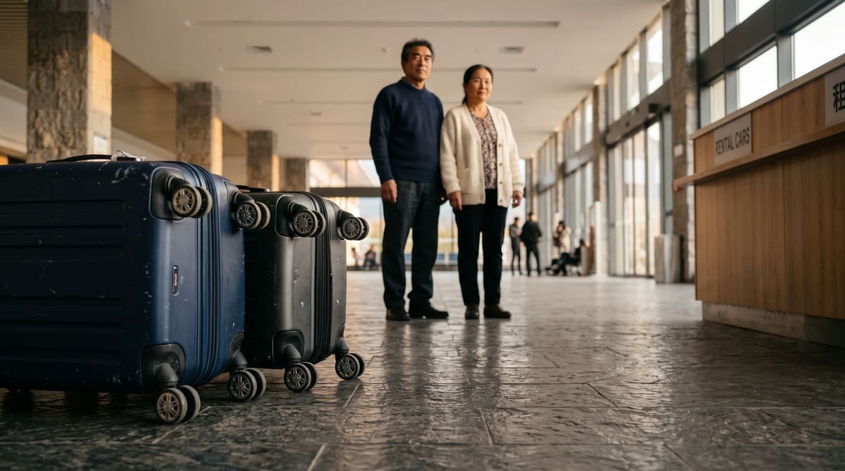 Couple standing back from an empty airport rental car counter beside two closed suitcases in warm late afternoon light