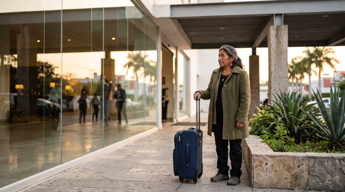 Woman in an olive coat pausing under a hotel porte-cochère canopy beside a closed roller suitcase, facing a bright glass wall